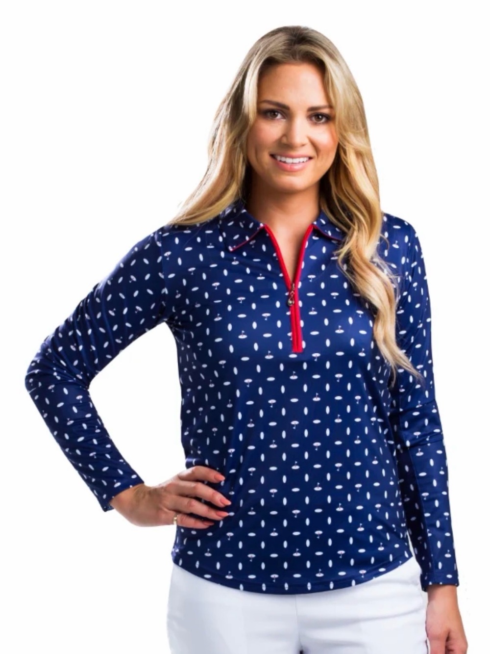 SanSoliel Golf Print Quarter Zip Navy Blue Pullover with Embroidery